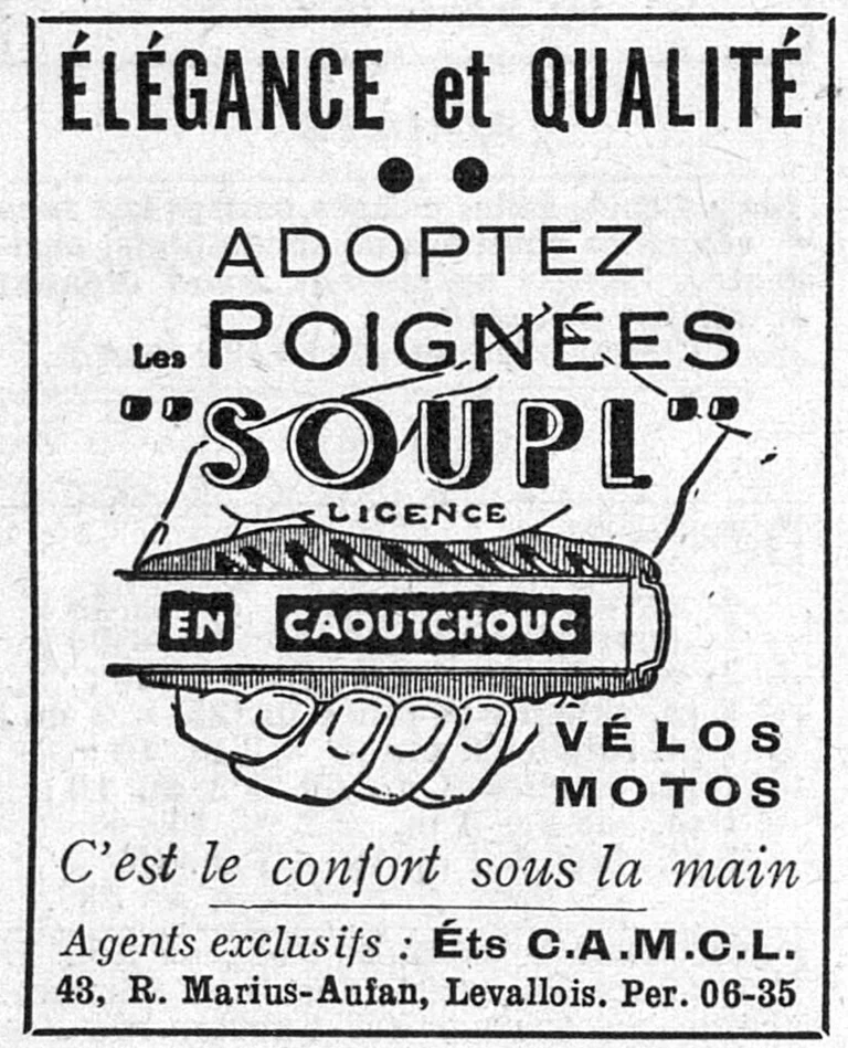 Soupl 1950 Advertisement — Rubber Grips for Bicycles and Motorcycles — page 1 of 1