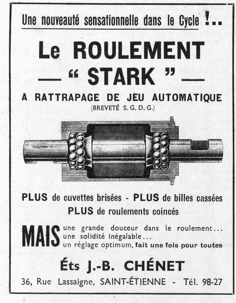 Stark 1950 Advertisement — The Stark Bearing with Automatic Play Take-Up — page 1 of 1