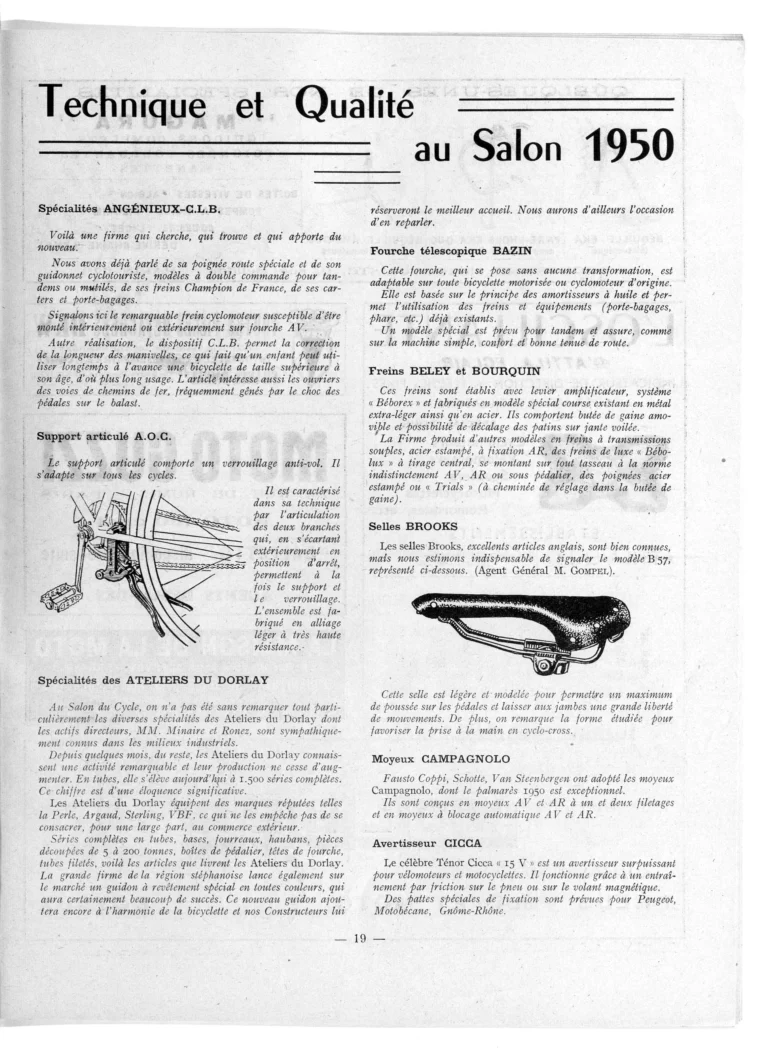 Technique et qualité au Salon 1950 — L'Officiel du cycle, 21 October 1950, Components and Accessories from Angénieux-C.L.B. to Vickers — page 1 of 7
