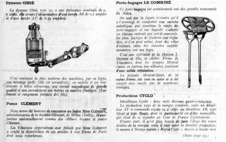 Technique et qualité au Salon 1950 — L'Officiel du cycle, 21 October 1950, Components and Accessories from Angénieux-C.L.B. to Vickers — page 2 of 7