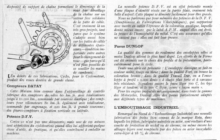 Technique et qualité au Salon 1950 — L'Officiel du cycle, 21 October 1950, Components and Accessories from Angénieux-C.L.B. to Vickers — page 3 of 7