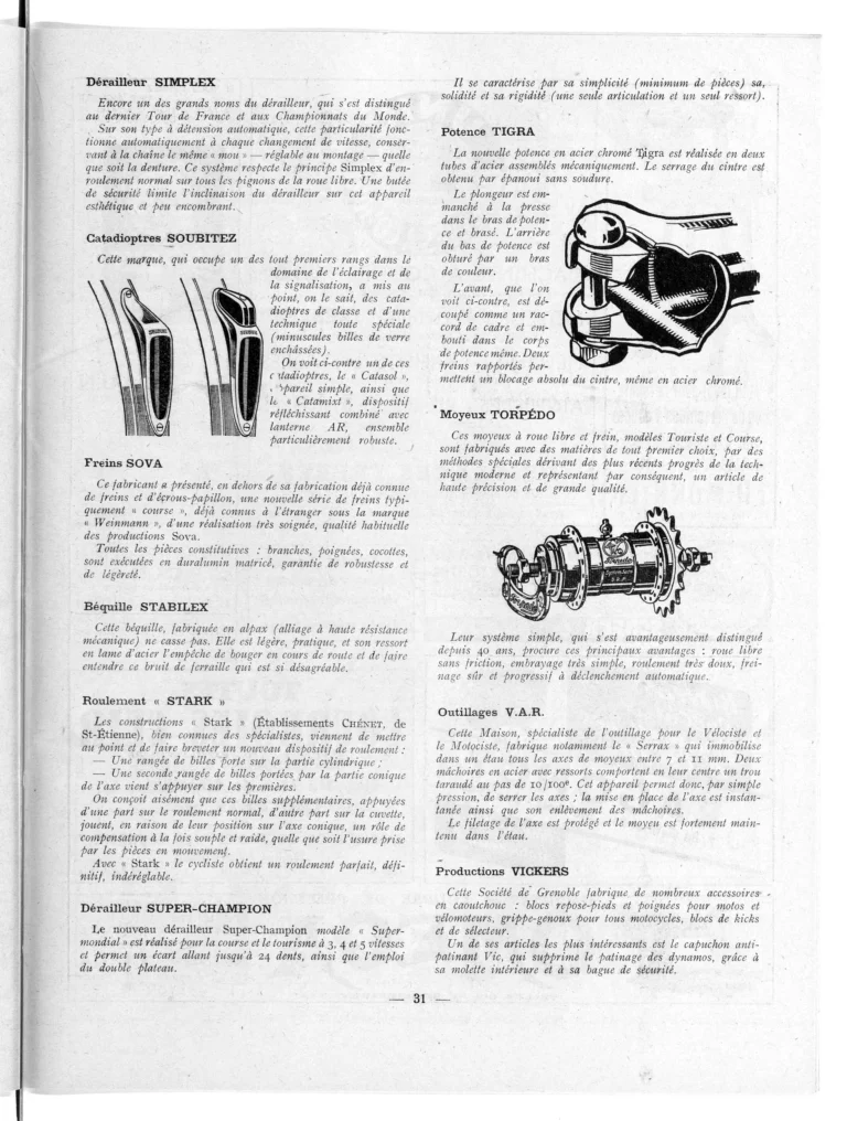 Technique et qualité au Salon 1950 — L'Officiel du cycle, 21 October 1950, Components and Accessories from Angénieux-C.L.B. to Vickers — page 7 of 7