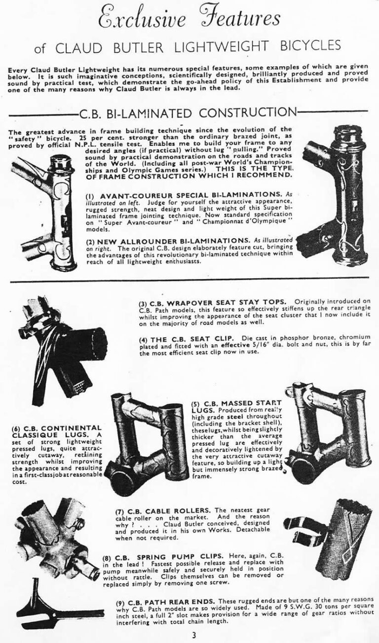 Claud Butler 1951 Catalog — Lightweight Bicycles from the Super Arrow to the Avant-Coureur Spécial, with the Continental Classique — page 3 of 17