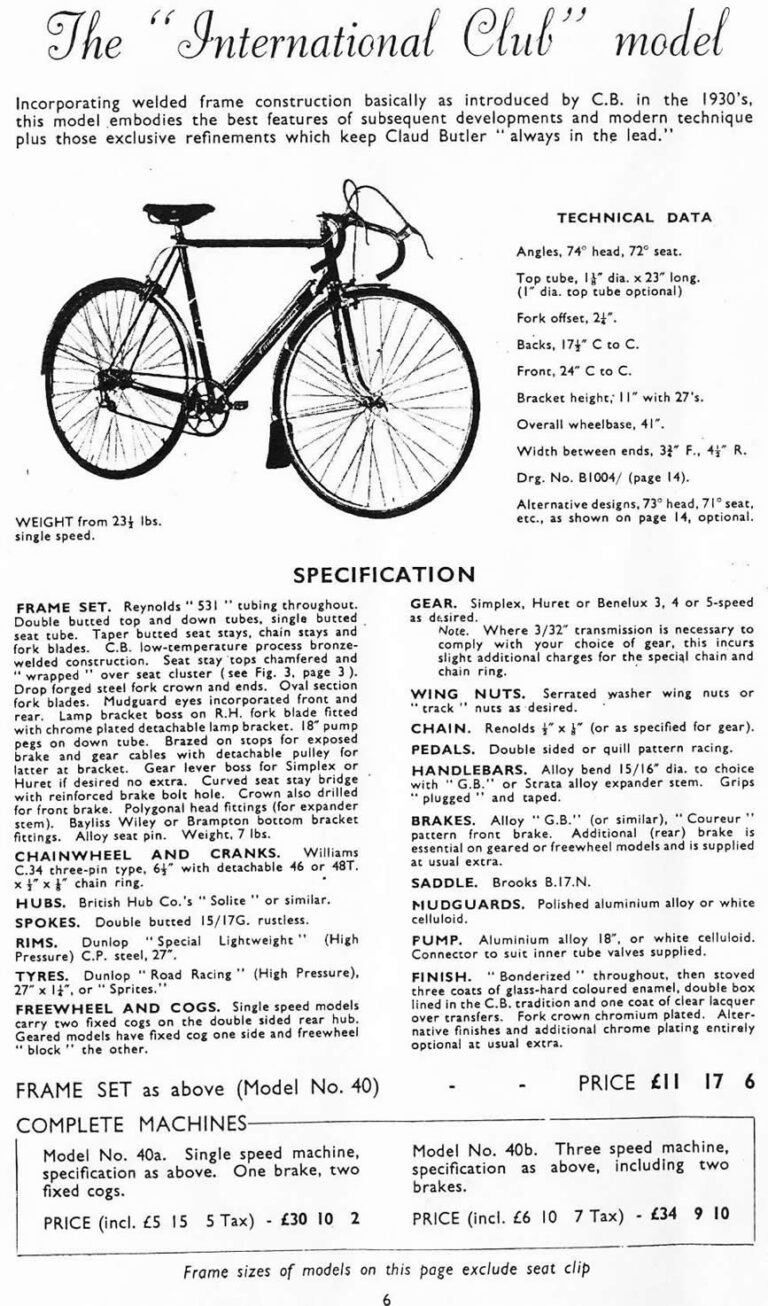 Claud Butler 1951 Catalog — Lightweight Bicycles from the Super Arrow to the Avant-Coureur Spécial, with the Continental Classique — page 7 of 17