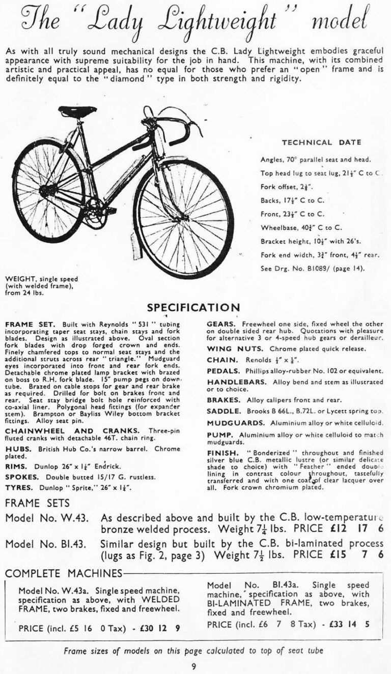 Claud Butler 1951 Catalog — Lightweight Bicycles from the Super Arrow to the Avant-Coureur Spécial, with the Continental Classique — page 10 of 17
