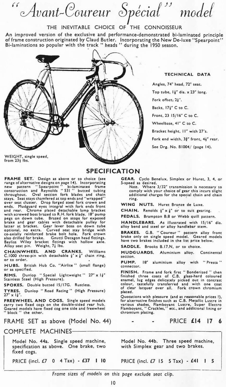 Claud Butler 1951 Catalog — Lightweight Bicycles from the Super Arrow to the Avant-Coureur Spécial, with the Continental Classique — page 11 of 17