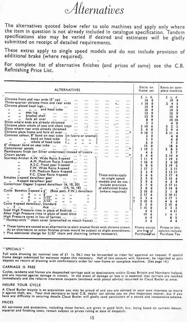 Claud Butler 1951 Catalog — Lightweight Bicycles from the Super Arrow to the Avant-Coureur Spécial, with the Continental Classique — page 16 of 17