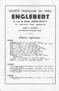Englebert advertisement from Englebert Vélo-Magazine, November 1951, page 4: a full-page directory set entirely in type inside a thin black rule, with no illustration: the French Englebert company's Paris head office and its factory at Clairoix, then its regional depots in France, Algeria and Tunisia under a script heading.