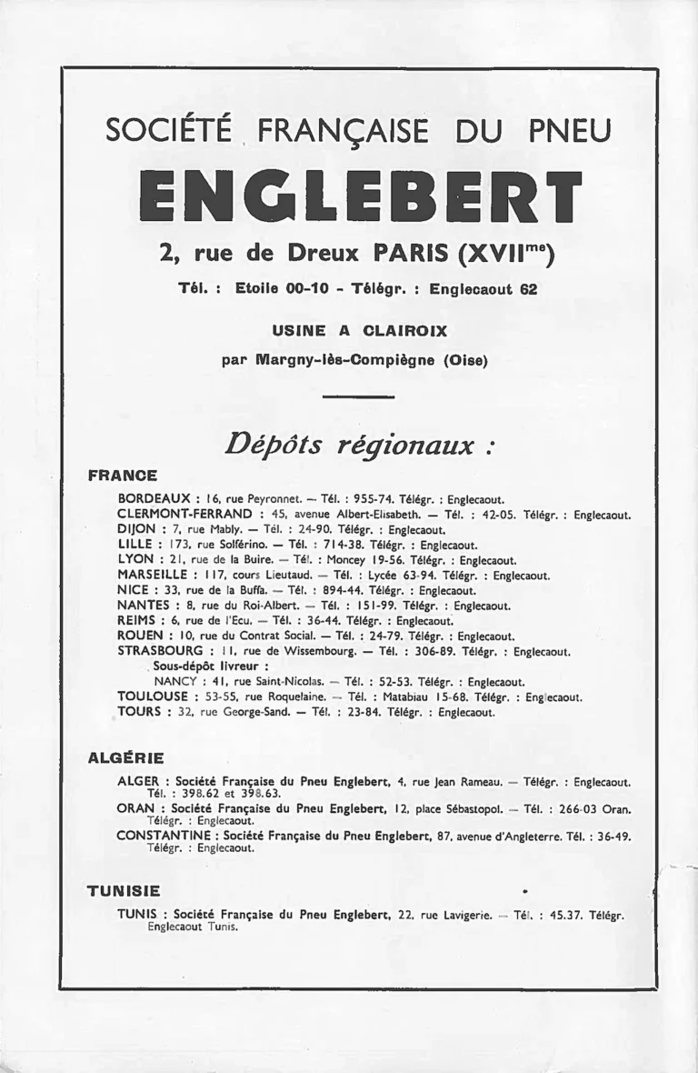 Englebert 1951 Advertisement — The Société Française du Pneu Englebert and Its Regional Depots — page 1 of 1