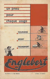 Englebert advertisement from Englebert Vélo-Magazine, November 1951, page 28: a drawing of three cyclists riding at speed in stacked salmon panels with speed lines behind them: a man in a cap on an upright roadster, a racing cyclist in goggles and jersey bent over a lightweight bicycle and a delivery rider pushing a box carrier on a front-loading tricycle.