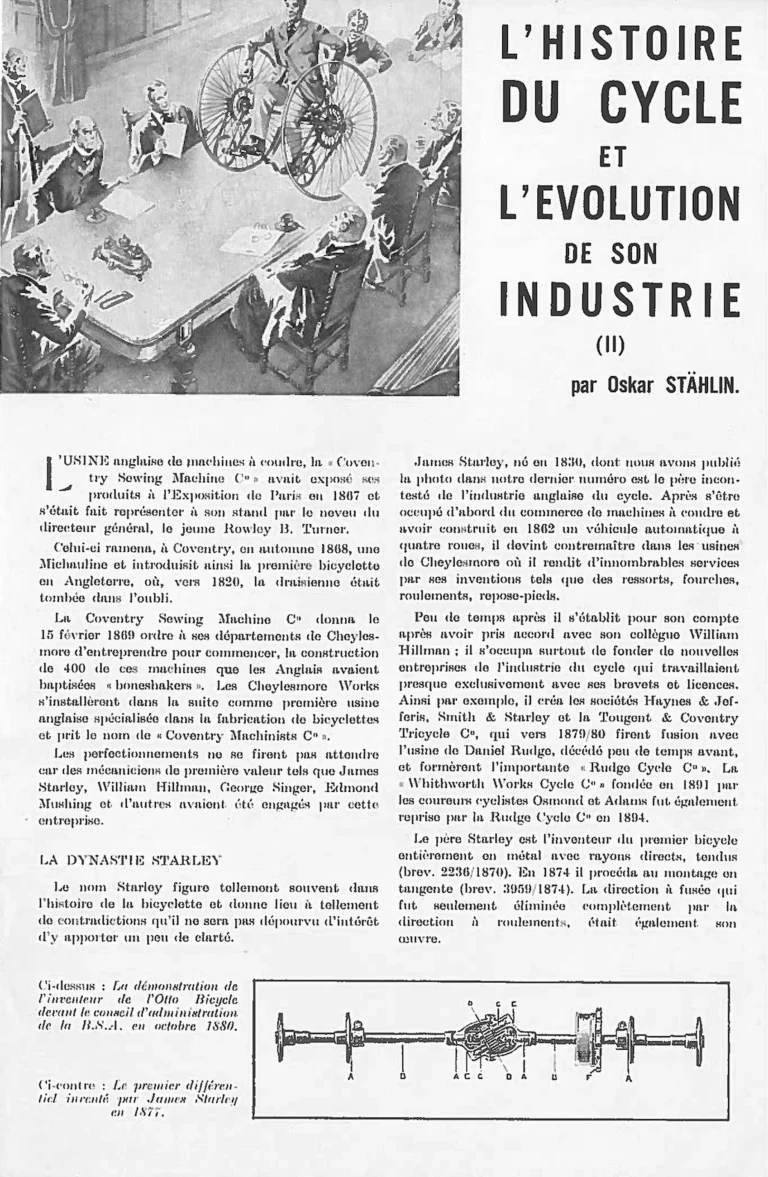 L'Histoire du cycle et l'évolution de son industrie (II) — Englebert Vélo-Magazine, November 1951, by Oskar Stählin — page 1 of 6