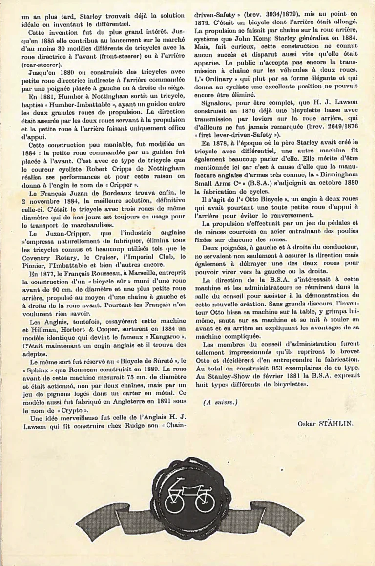 L'Histoire du cycle et l'évolution de son industrie (II) — Englebert Vélo-Magazine, November 1951, by Oskar Stählin — page 6 of 6