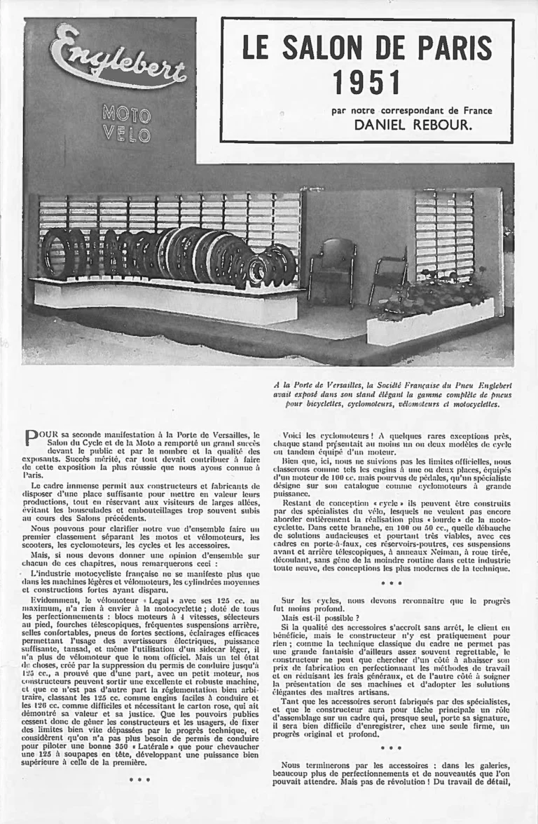 Le Salon de Paris 1951 — Englebert Vélo-Magazine, November 1951, by Daniel Rebour — page 1 of 8