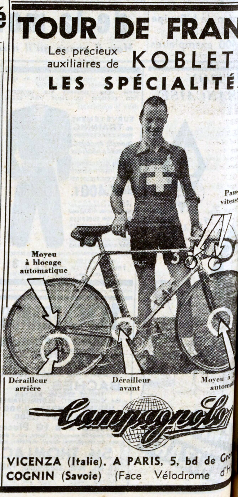Campagnolo 1951 Advertisement — Hugo Koblet's Precious Auxiliaries in the Tour de France — page 1 of 1