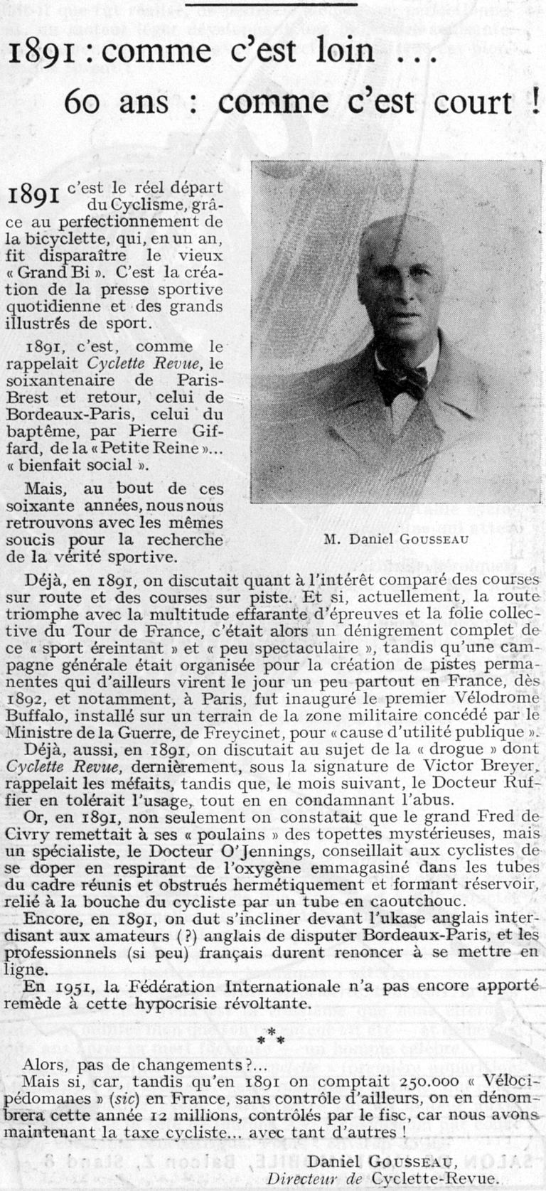 1891 : comme c'est loin… 60 ans : comme c'est court !, by Daniel Gousseau — L'Officiel du cycle, 6 October 1951 — page 1 of 1