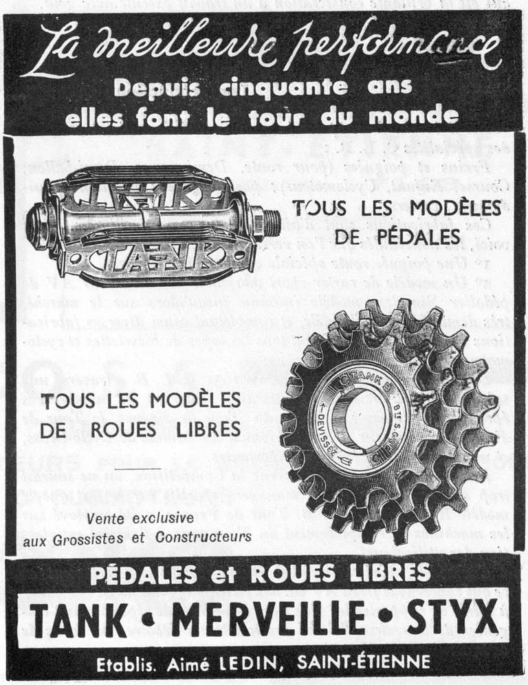 Aimé Ledin 1951 Advertisement — Tank, Merveille and Styx Pedals and Freewheels — page 1 of 1