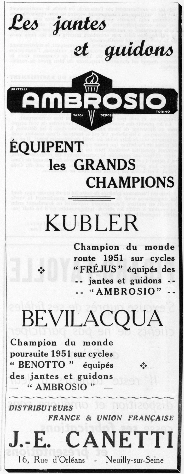 Ambrosio 1951 Advertisement — Rims and Handlebars of the World Champions Kübler and Bevilacqua — page 1 of 1