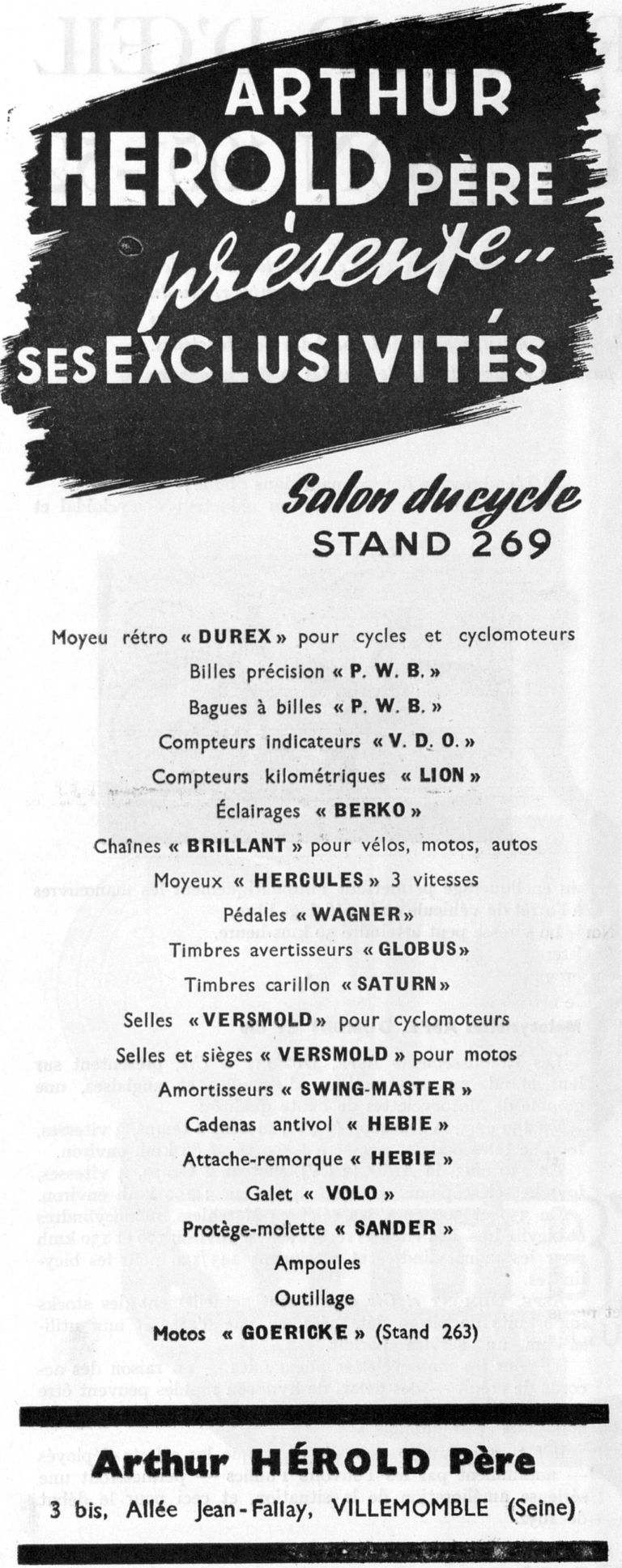 Arthur Hérold 1951 Advertisement — The Agent's Exclusive Lines, from Durex Hubs to Berko Lighting — page 1 of 1