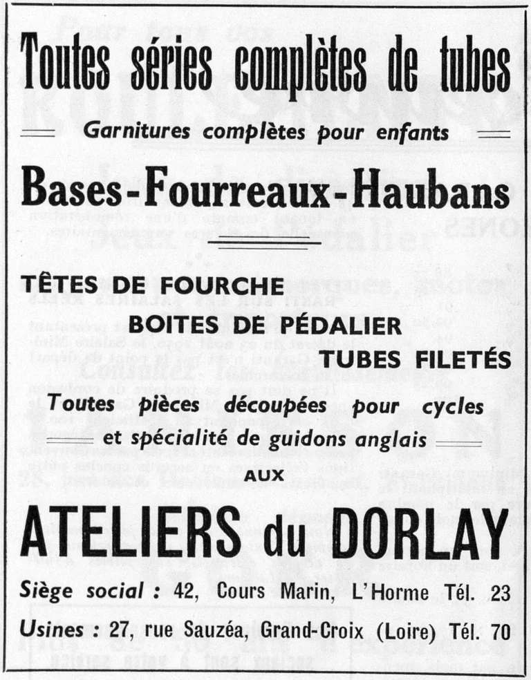 Ateliers du Dorlay 1951 Advertisement — Complete Tube Sets and Frame Parts — page 1 of 1