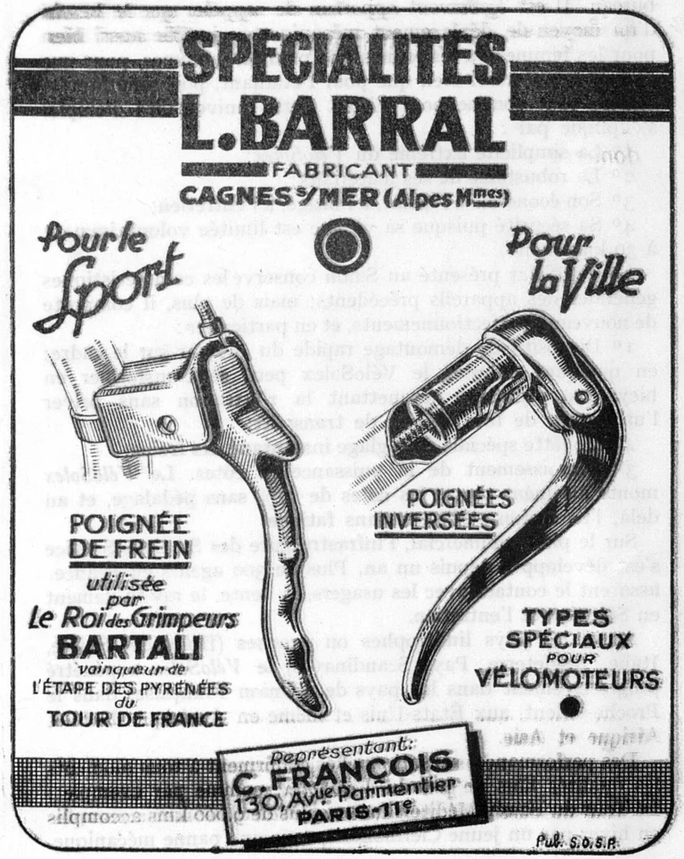 Barral 1951 Advertisement — Brake Levers for Sport and Town, Bartali's Choice — page 1 of 1