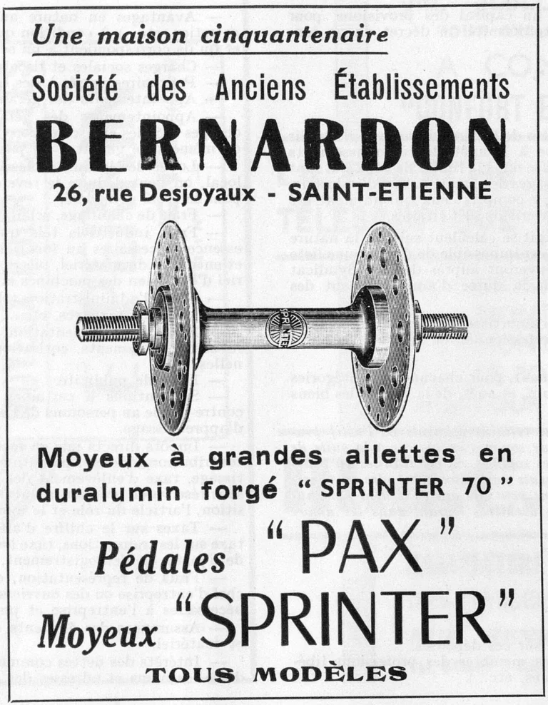Bernardon 1951 Advertisement — Sprinter 70 Hubs and Pax Pedals — page 1 of 1