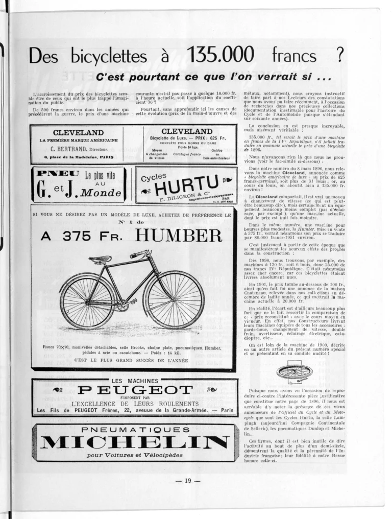 Des bicyclettes à 135.000 francs ? — L'Officiel du cycle, 6 October 1951, Bicycle Prices Since 1896 — page 1 of 1