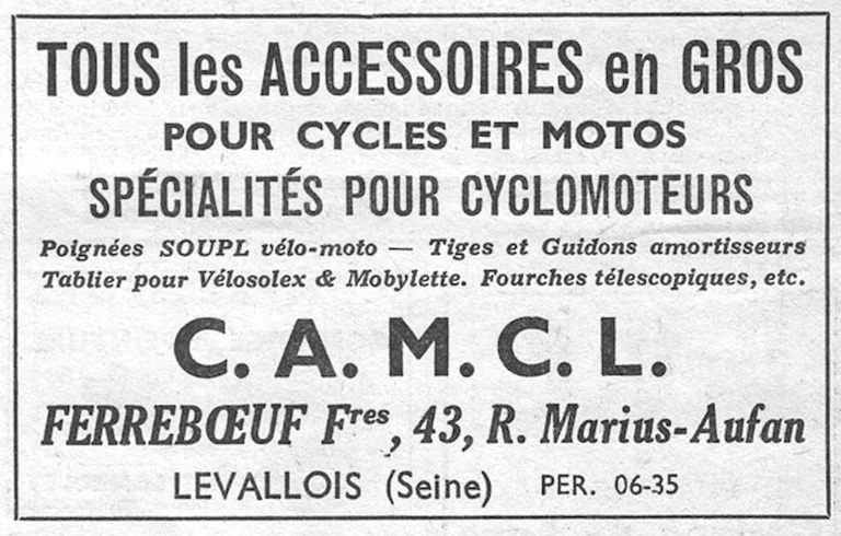 CAMCL 1951 Advertisement — Wholesale Accessories for Cycles and Motorcycles — page 1 of 1