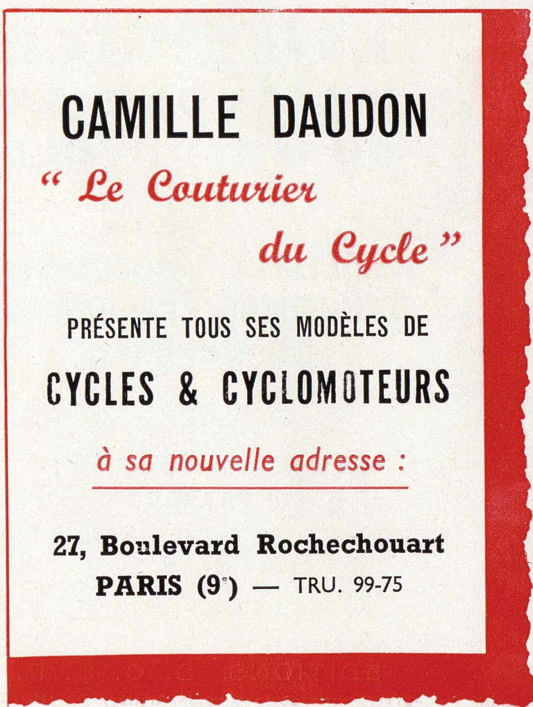 Camille Daudon 1951 Advertisement — The Couturier of the Cycle at a New Address — page 1 of 1