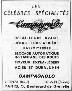 Campagnolo advertisement from L'Officiel du cycle, 6 October 1951, page 136: a type-only advertisement in a thin single-rule frame, apart from the trademark at the top: the name "Campagnolo" in a heavy, shadowed script with a long swash at each end, set across a small globe drawn with lines of latitude and longitude.