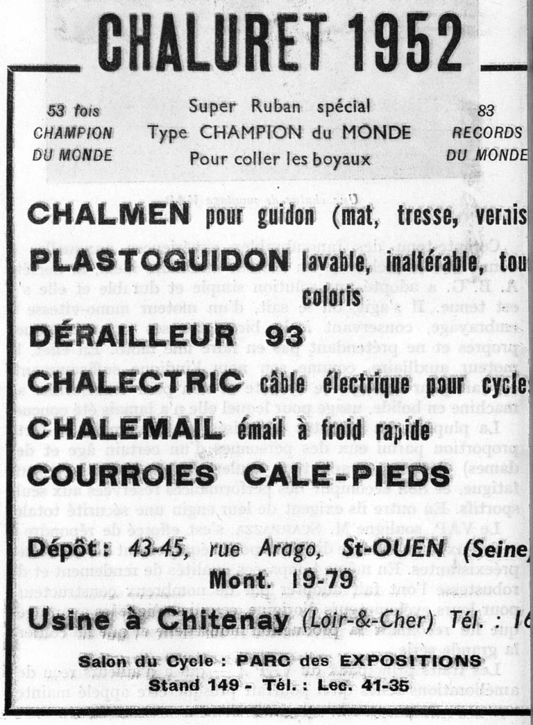 Chaluret 1951 Advertisement — Tubular Tape, Bar Tape and the Dérailleur 93 — page 1 of 1