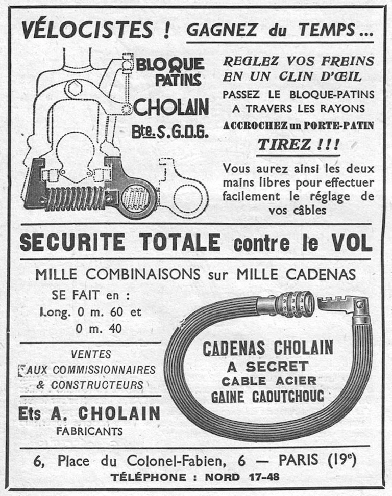 Cholain 1951 Advertisement — The Bloque-Patins and the Combination Lock — page 1 of 1