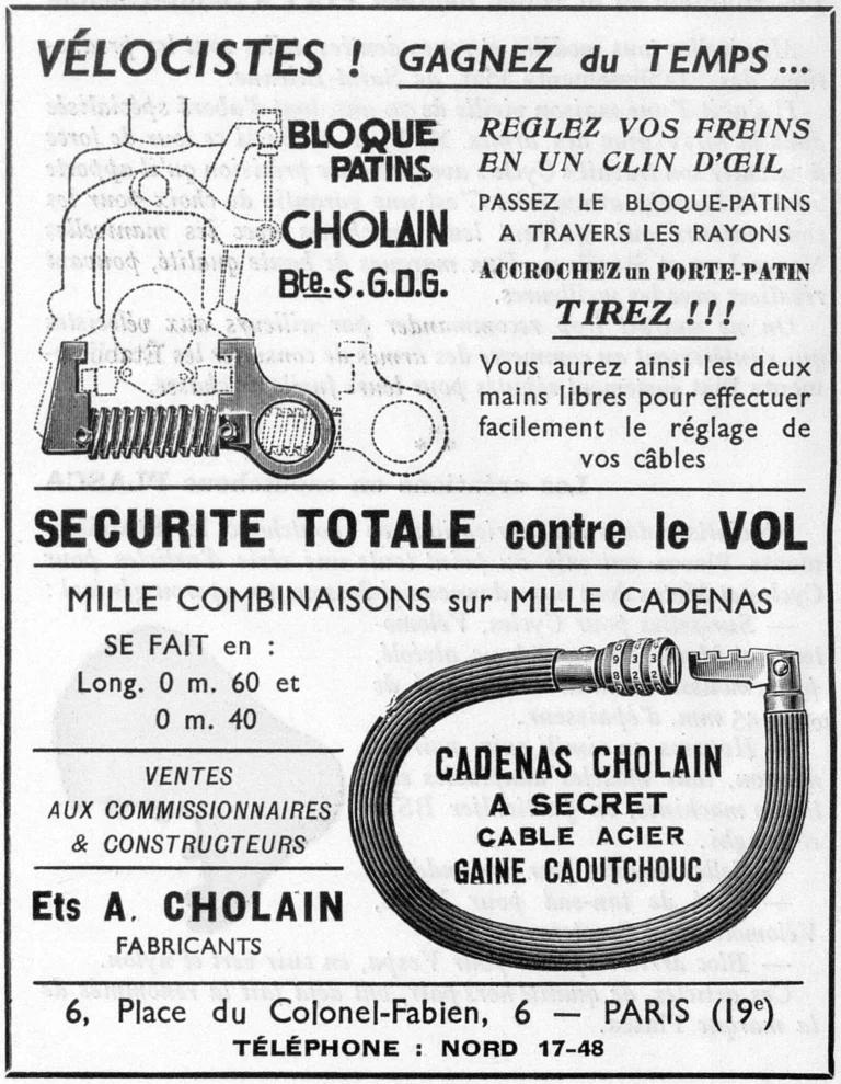 Cholain October 1951 Advertisement — The Bloque-Patins Tool and Cable Locks — page 1 of 1