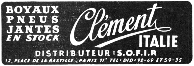 Clément Italie October 1951 Advertisement — Clément Tubulars, Tires and Rims in Stock — page 1 of 1