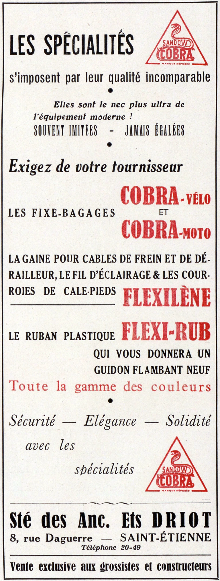 Cobra October 1951 Advertisement — Cobra Carrier Straps, Flexilène Housing and Flexi-Rub Tape — page 1 of 1