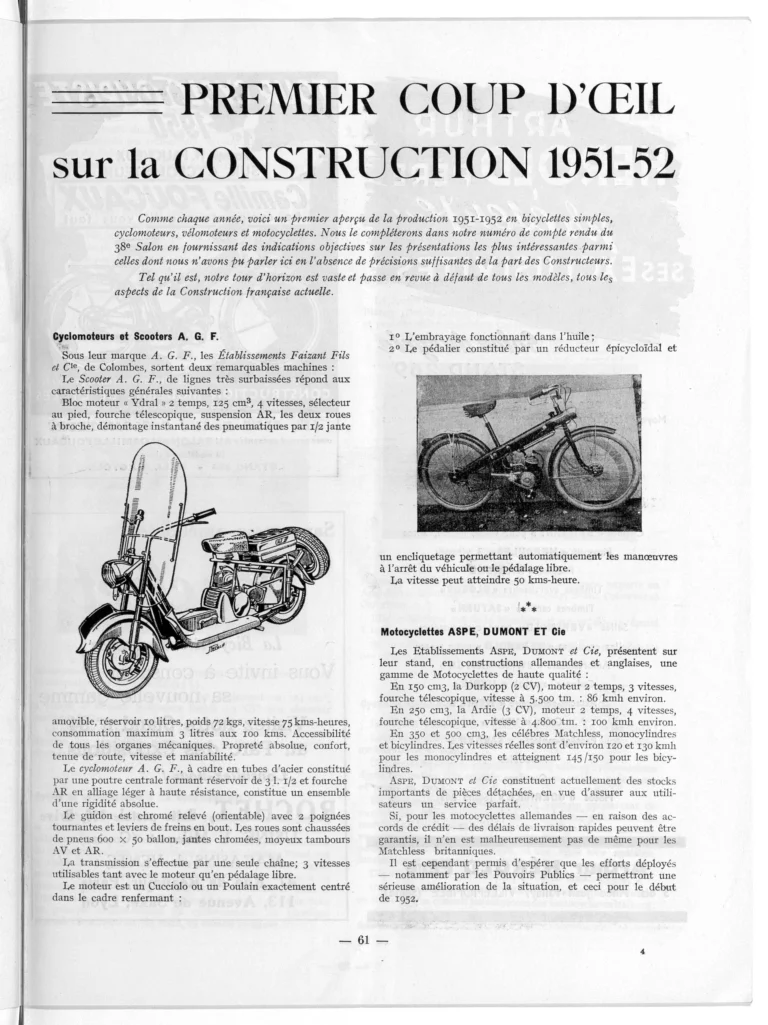 Premier coup d'œil sur la construction 1951-52 — L'Officiel du cycle, 6 October 1951, Bicycles, Cyclomoteurs and Motorcycles at the Salon — page 1 of 12