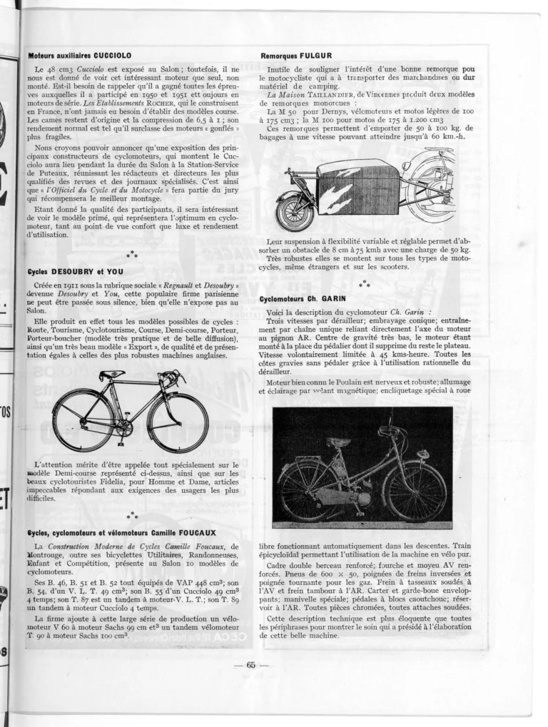 Premier coup d'œil sur la construction 1951-52 — L'Officiel du cycle, 6 October 1951, Bicycles, Cyclomoteurs and Motorcycles at the Salon — page 3 of 12