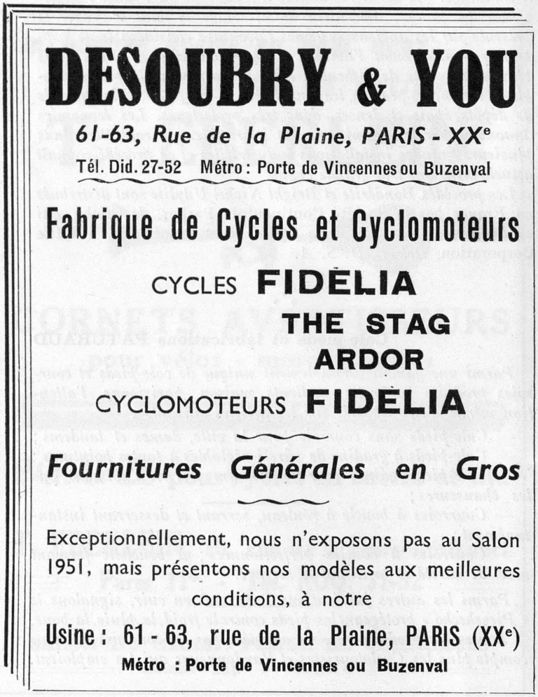 Desoubry & You 1951 Advertisement — Fidelia, The Stag and Ardor Cycles — page 1 of 1