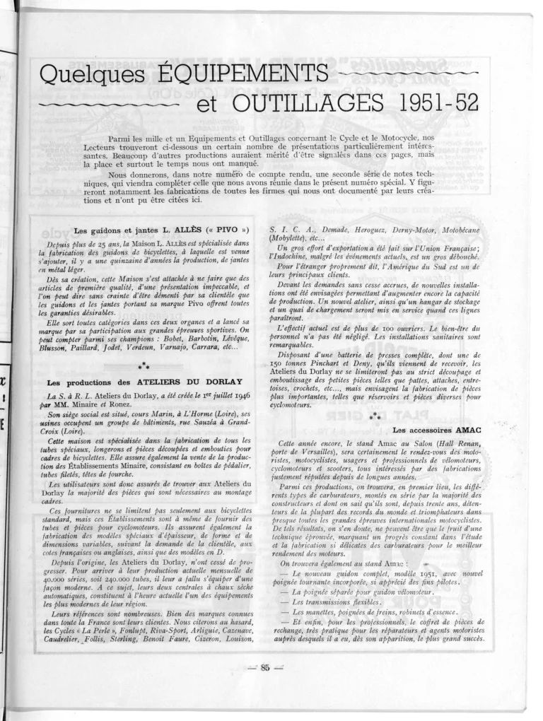 Quelques équipements et outillages 1951-52 — L'Officiel du cycle, 6 October 1951, Components and Accessories at the Salon — page 1 of 15
