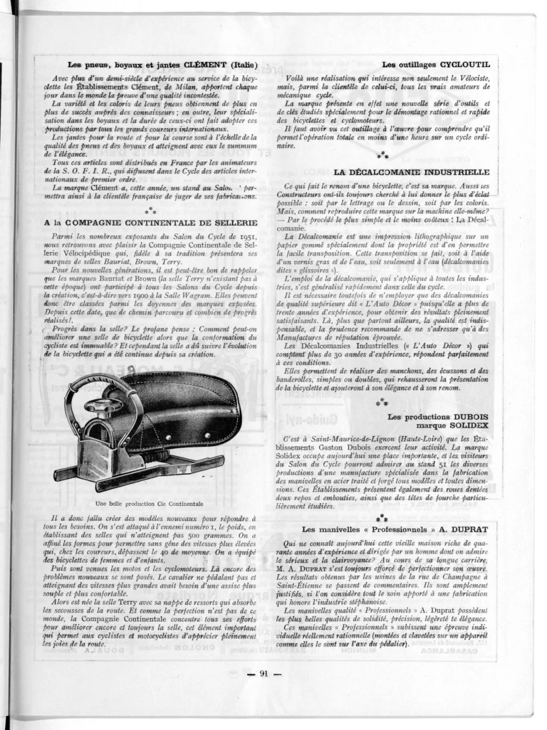 Quelques équipements et outillages 1951-52 — L'Officiel du cycle, 6 October 1951, Components and Accessories at the Salon — page 4 of 15