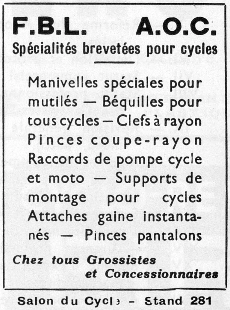 F.B.L. 1951 Advertisement — F.B.L. and A.O.C. Patented Specialties for Cycles — page 1 of 1