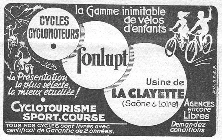 Fonlupt 1951 Advertisement — Cycles, Cyclomoteurs and Children's Bicycles from La Clayette — page 1 of 1
