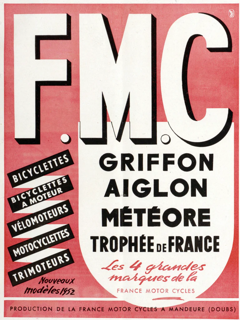 France Motor Cycles 1951 Advertisement — Griffon, Aiglon, Météore and Trophée de France, Bicycles to Motorcycles — page 1 of 1