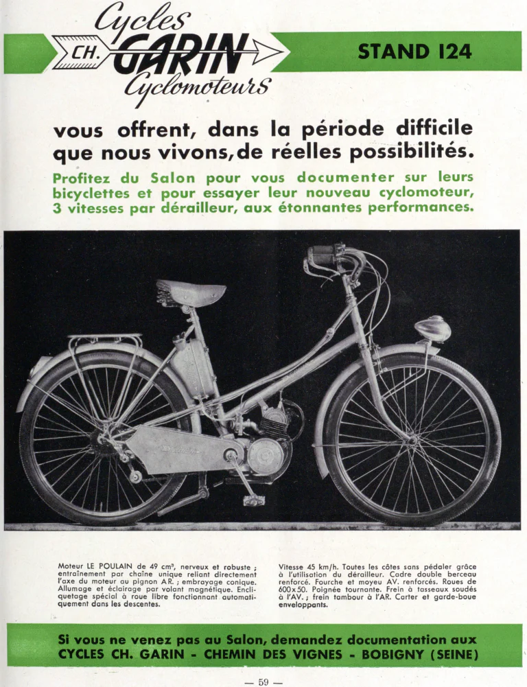 Garin 1951 Advertisement — Garin Bicycles and the Poulain-Engined Cyclomoteur — page 1 of 1