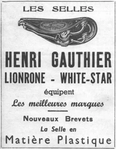 Henri Gauthier advertisement from L'Officiel du cycle, 3 November 1951, page 36: a drawing of a leather racing saddle seen from above and to the side, with an oval maker's plate on the cantle, a rivet plate at each side, its clip bolt and double rails, above the lettering in a ruled frame.