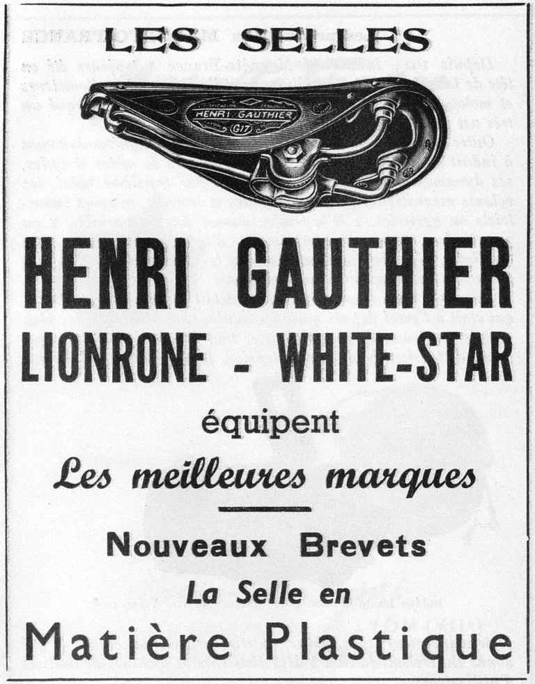 Henri Gauthier October 1951 Advertisement — Lionrone and White-Star Saddles, and the Plastic Saddle — page 1 of 1