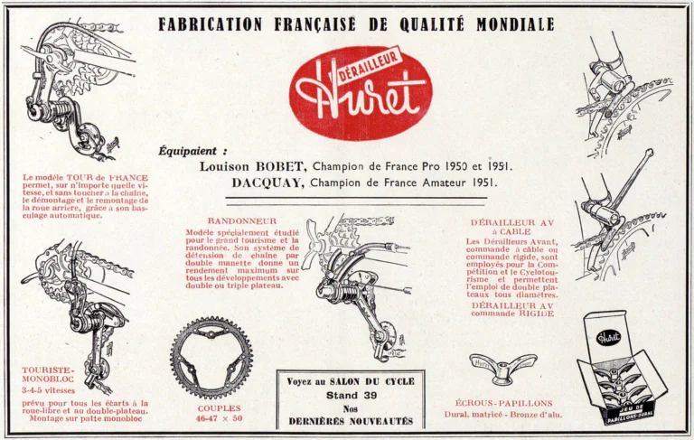 Huret 1951 Advertisement — Derailleurs for Louison Bobet and Dacquay, Drawn by Rebour — page 1 of 1