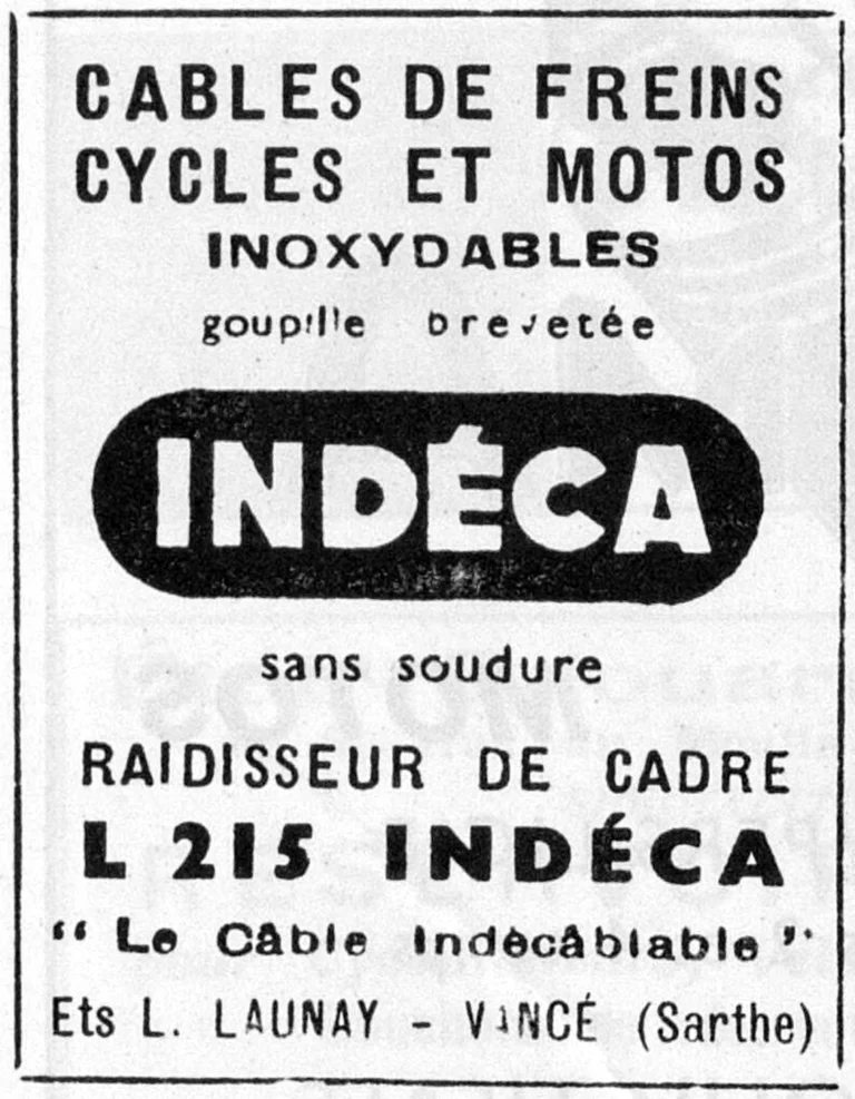 Indéca 1951 Advertisement — Stainless Brake Cables and the L 215 Frame Stiffener — page 1 of 1