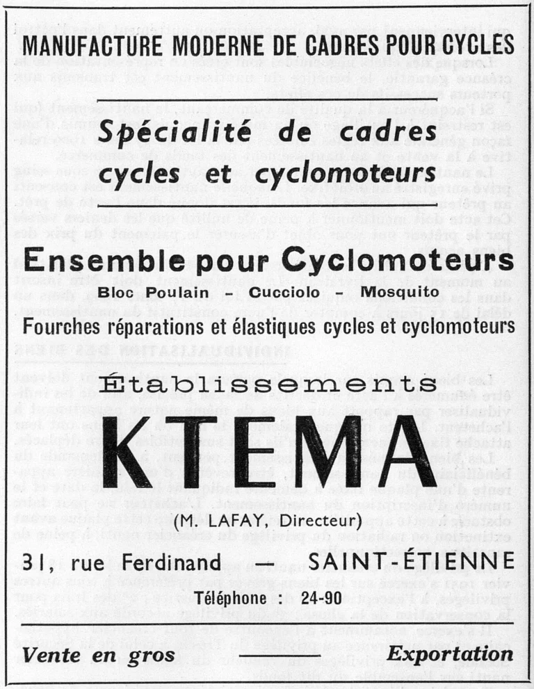 Ktema 1951 Advertisement — Frames for Cycles and Cyclomoteurs — page 1 of 1