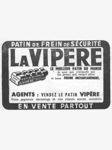 La Vipère advertisement from L'Officiel du cycle, 3 November 1951, page 28: a heavy black rounded frame, its top and foot lettering reversed out in white, with a drawing of a brake block whose ribbed rubber face is molded as a row of round studs and whose side carries the brand name.
