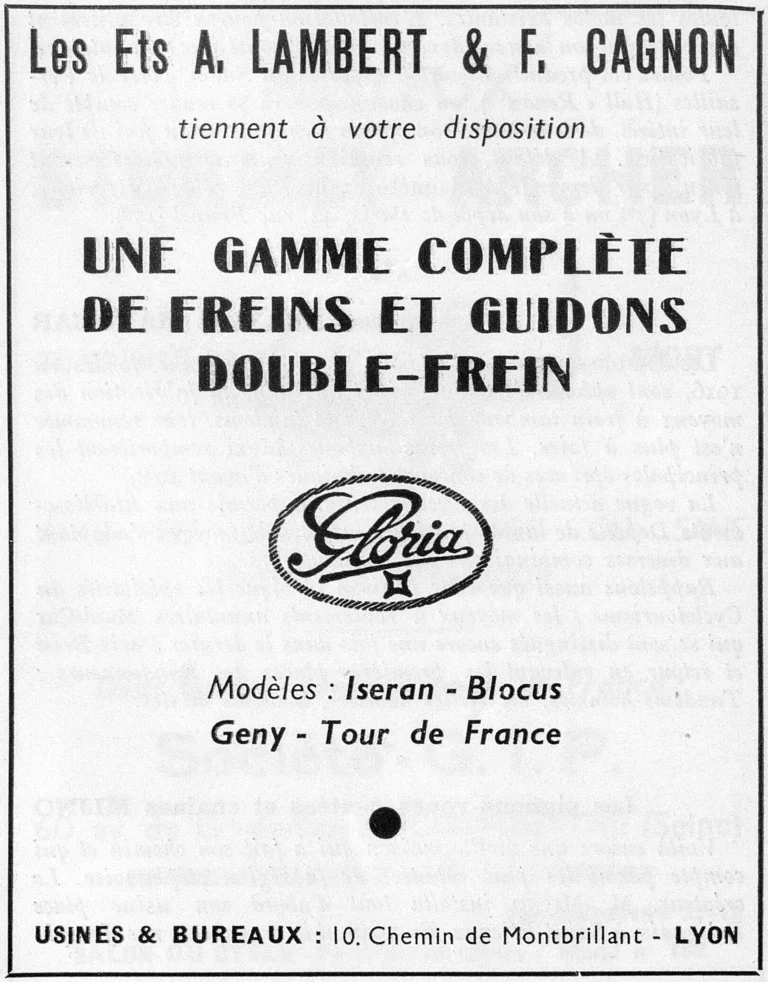 Lambert et Cagnon October 1951 Advertisement — Gloria Brakes and Double-Brake Handlebars — page 1 of 1